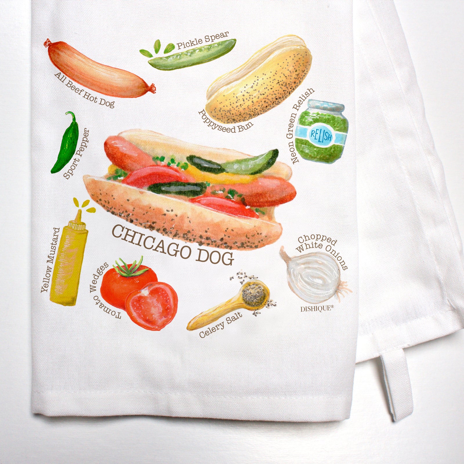 Illustrated Recipe of a Chicago Dog Dish Towel