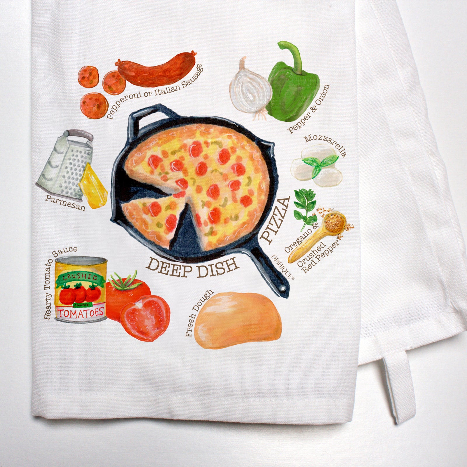 Illustrated Recipe of a Deep Dish Pizza Dish Towel