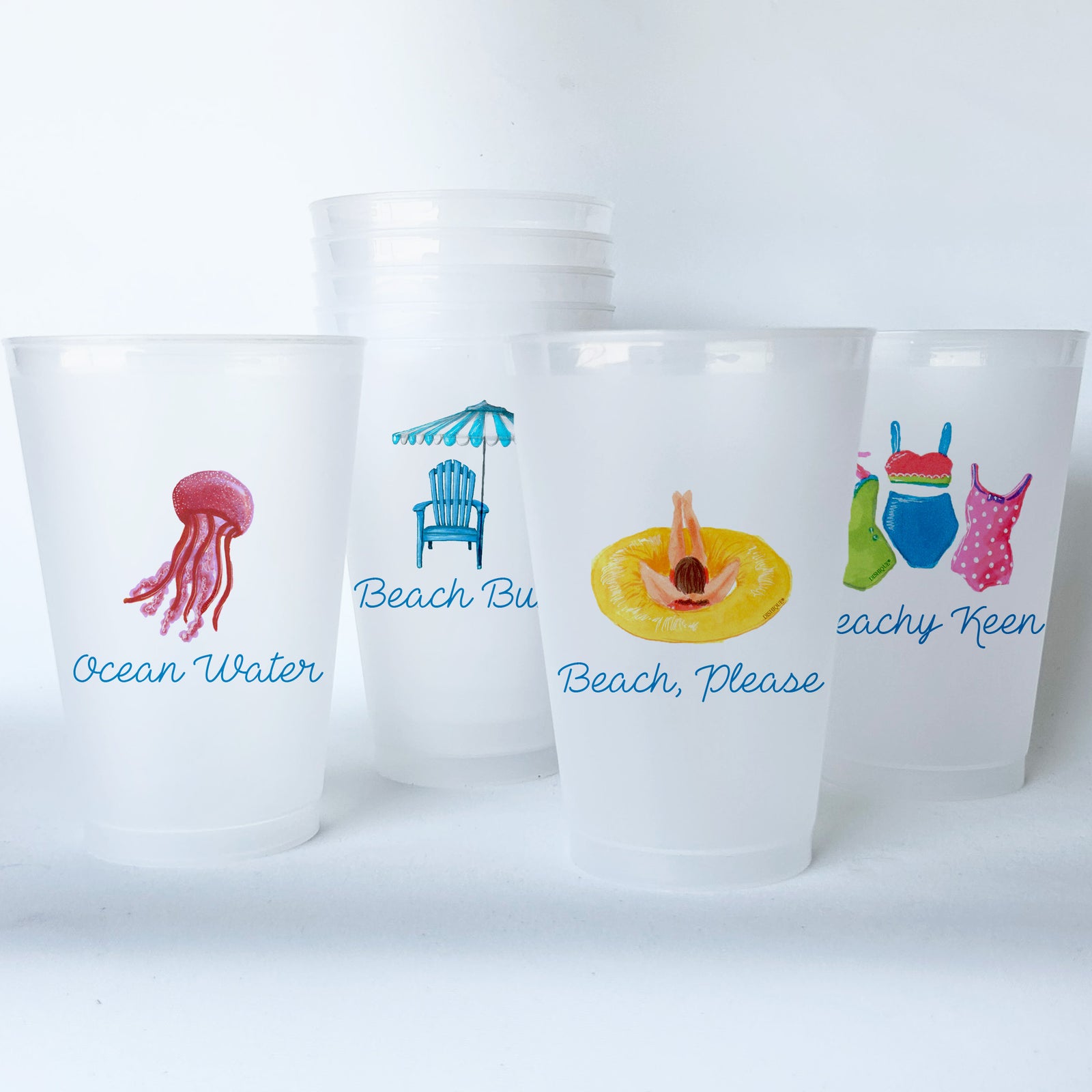 Beach Themed Conversational Shatterproof 20 oz Plastic Cups; set of 8