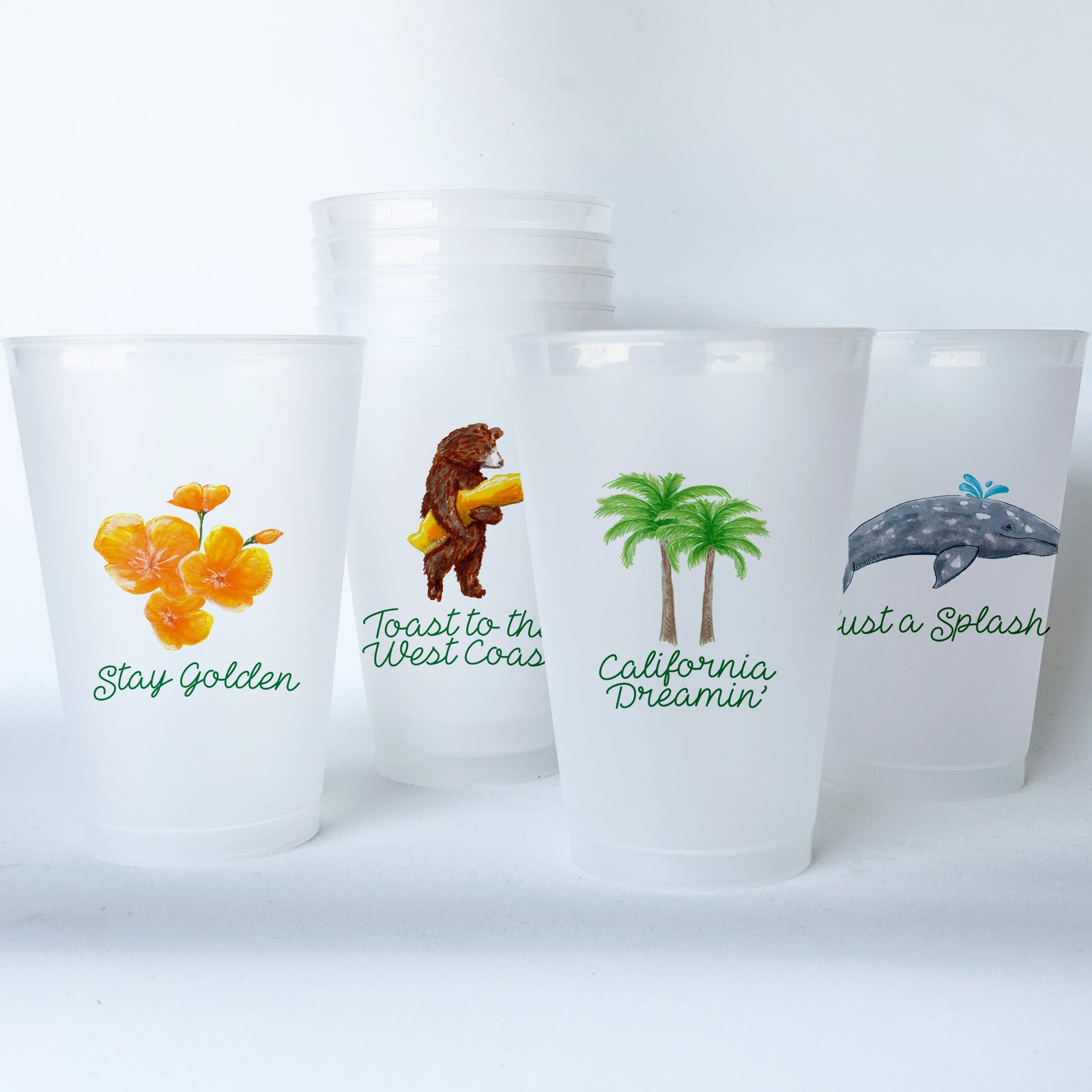 California Themed Conversational Shatterproof 20 oz Plastic Cups; set of 8