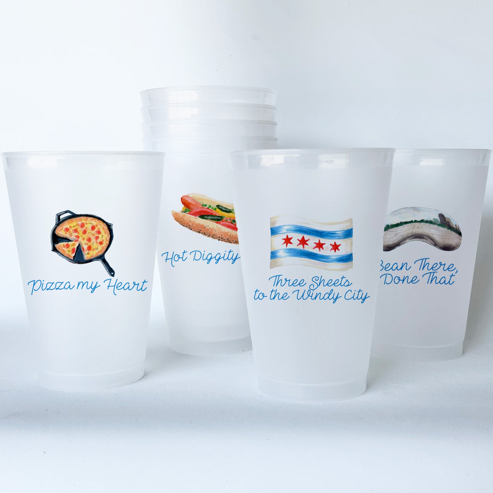 Chicago Themed Conversational Shatterproof 20 oz Plastic Cups; set of 8