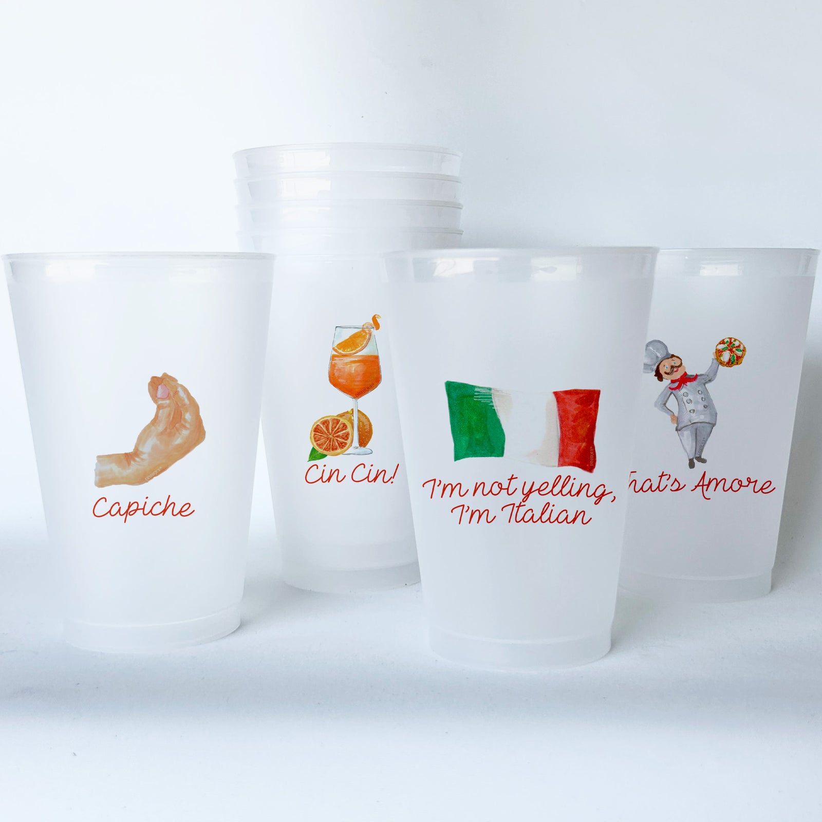 Italian Themed Conversational Shatterproof 20 oz Plastic Cups; set of 8