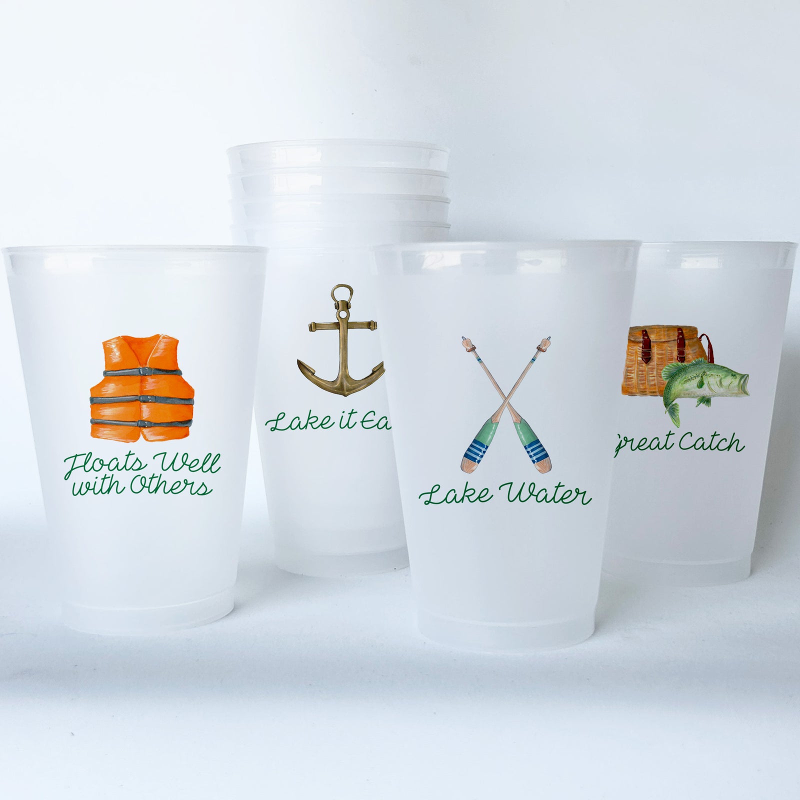 Lake Life Themed Conversational Shatterproof 20 oz Plastic Cups; set of 8