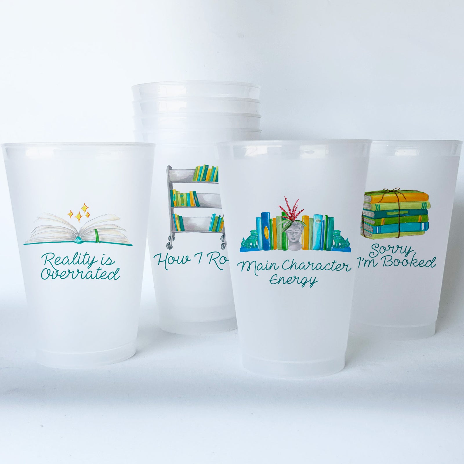 Book Club Themed Conversational Shatterproof 20 oz Plastic Cups; set of 8