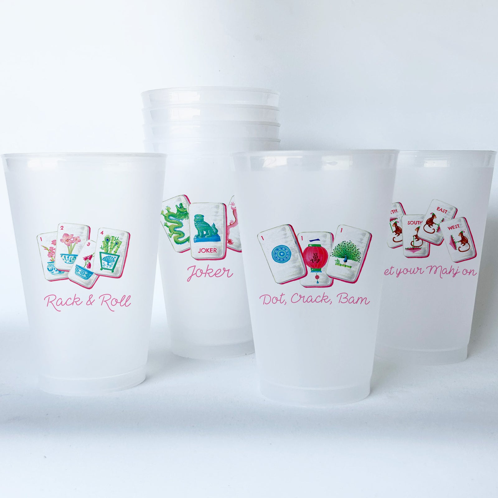 Mahjong Themed Conversational Shatterproof 20 oz Plastic Cups; set of 8
