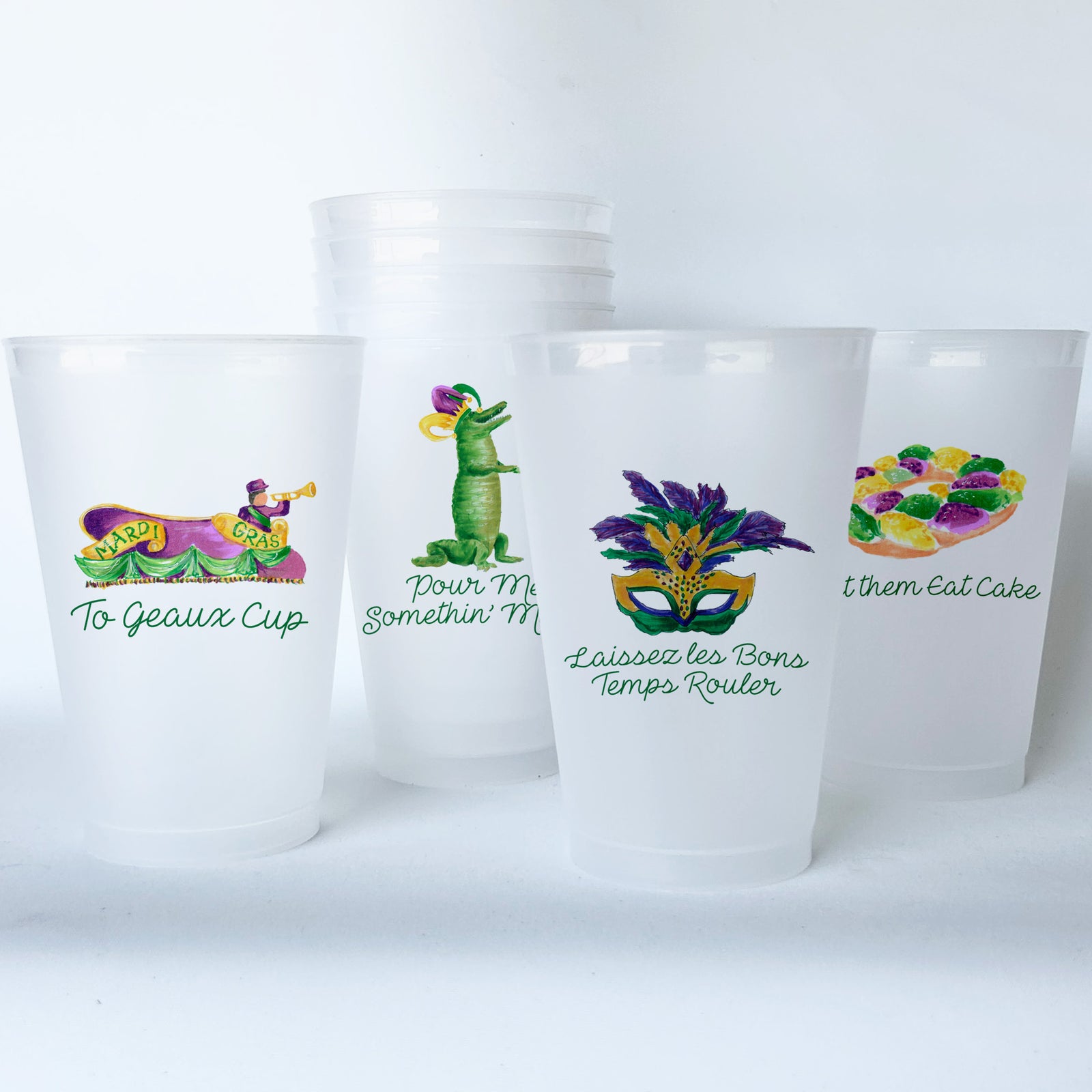 Mardi Gras Themed Conversational Shatterproof 20 oz Plastic Cups; set of 8