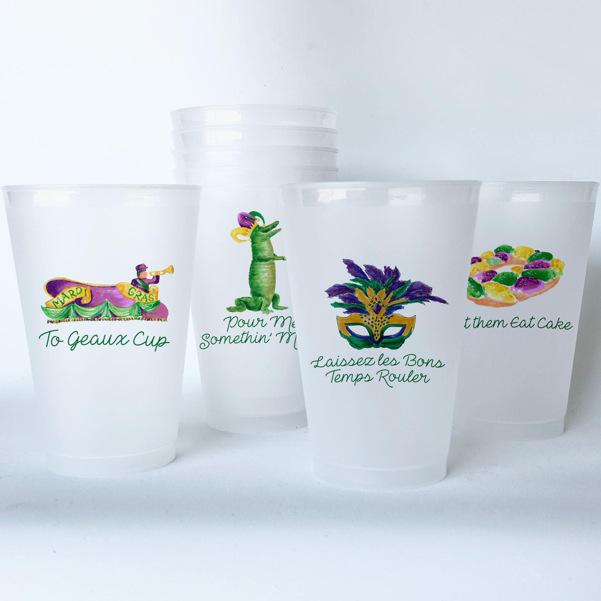 Mardi Gras Themed Conversational Shatterproof 20 oz Plastic Cups; set of 8