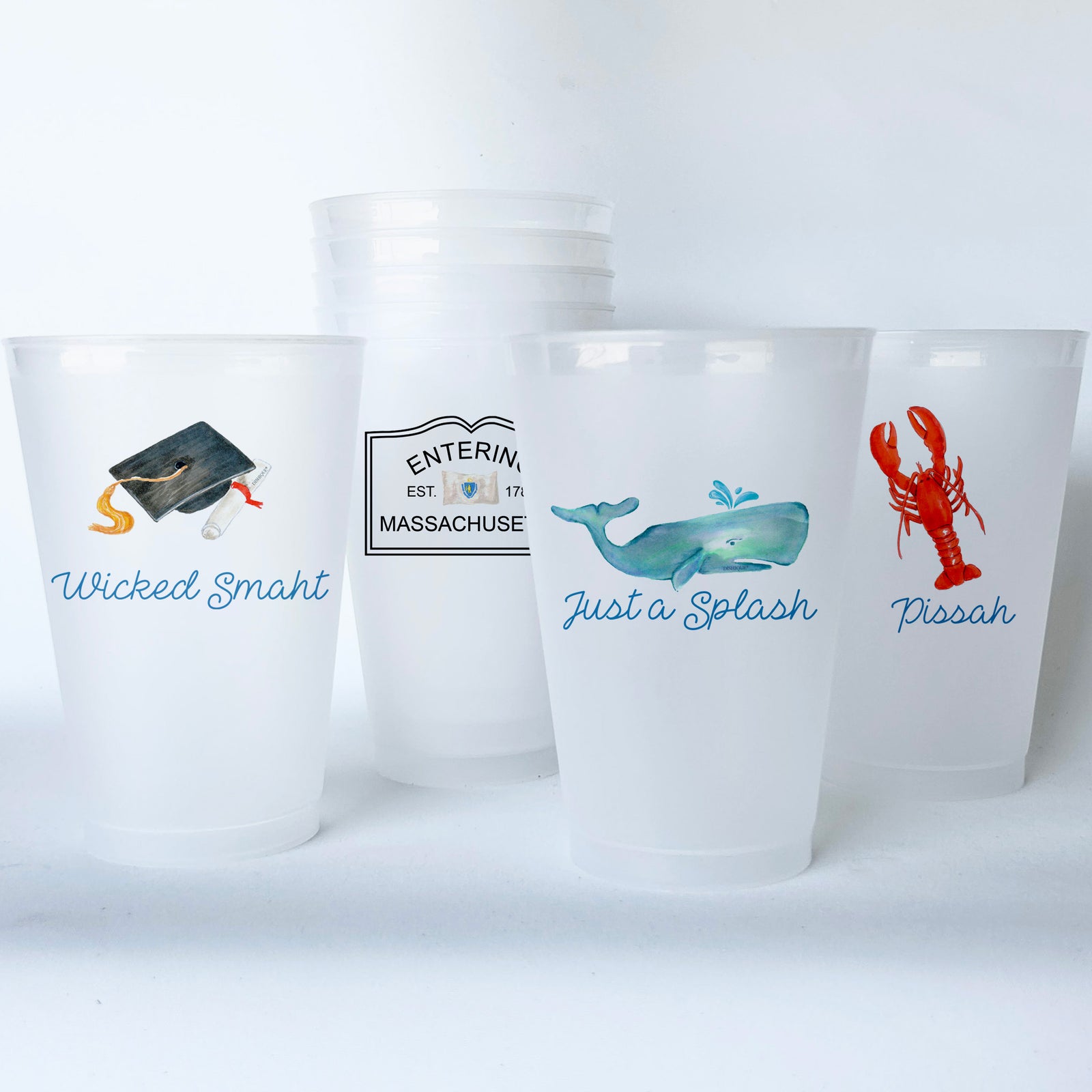 Massachusetts Themed Conversational Shatterproof 20 oz Plastic Cups; set of 8