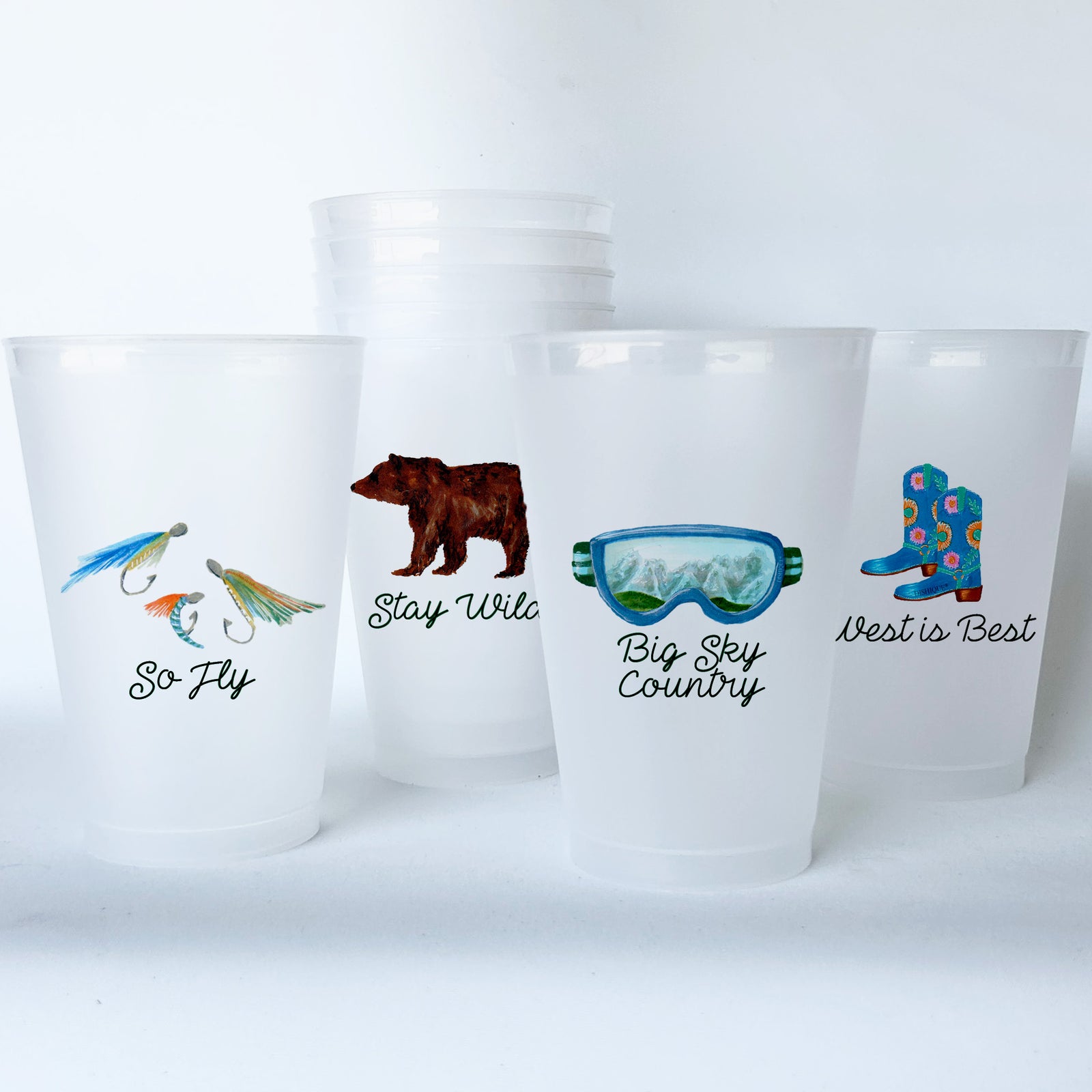 Montana Themed Conversational Shatterproof 20 oz Plastic Cups; set of 8