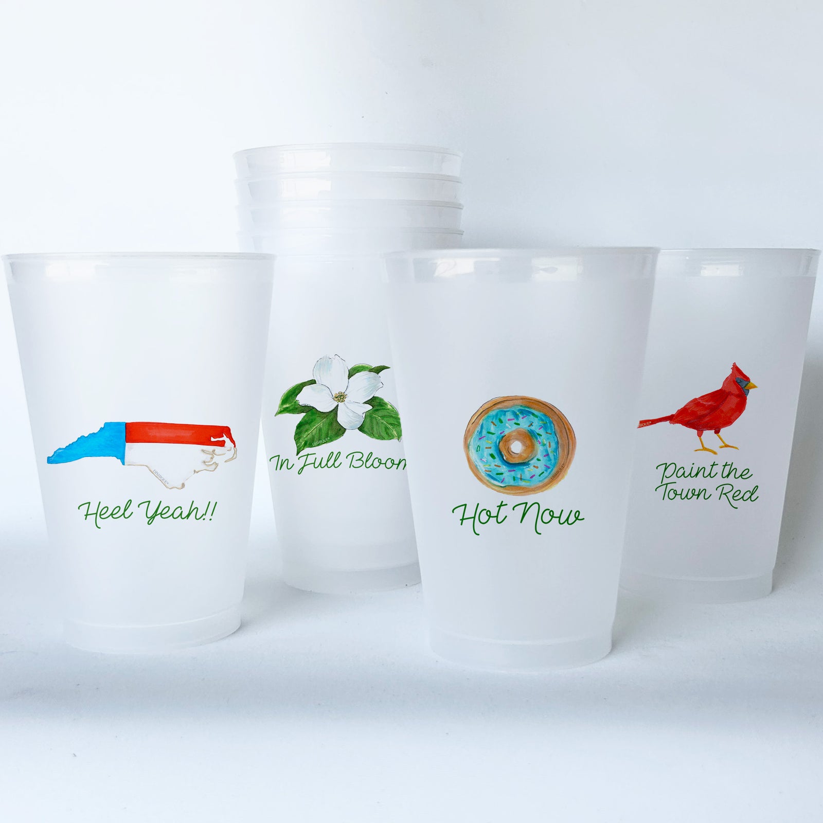 North Carolina Themed Conversational Shatterproof 20 oz Plastic Cups; set of 8