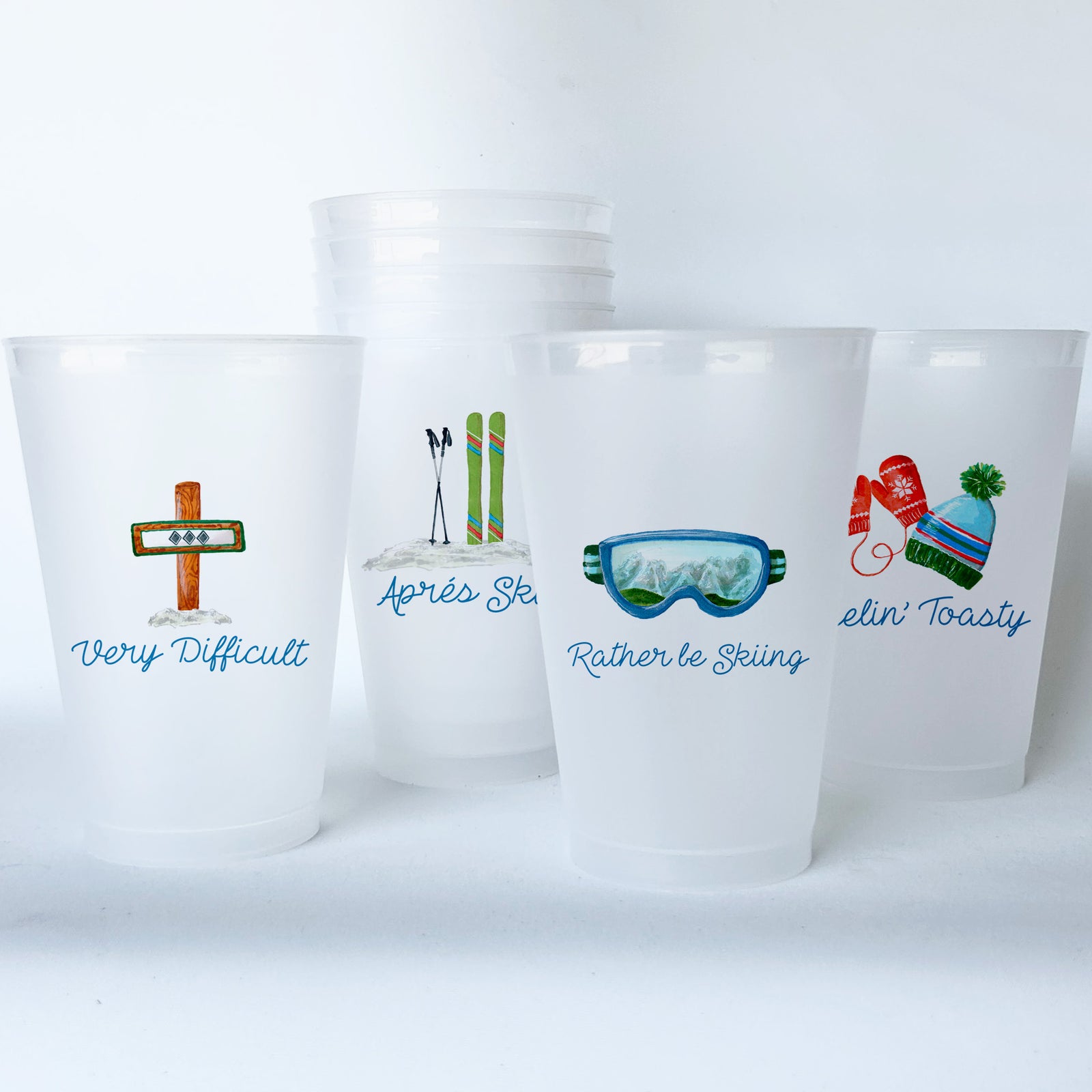 Skiing Themed Conversational Shatterproof 20 oz Plastic Cups; set of 8