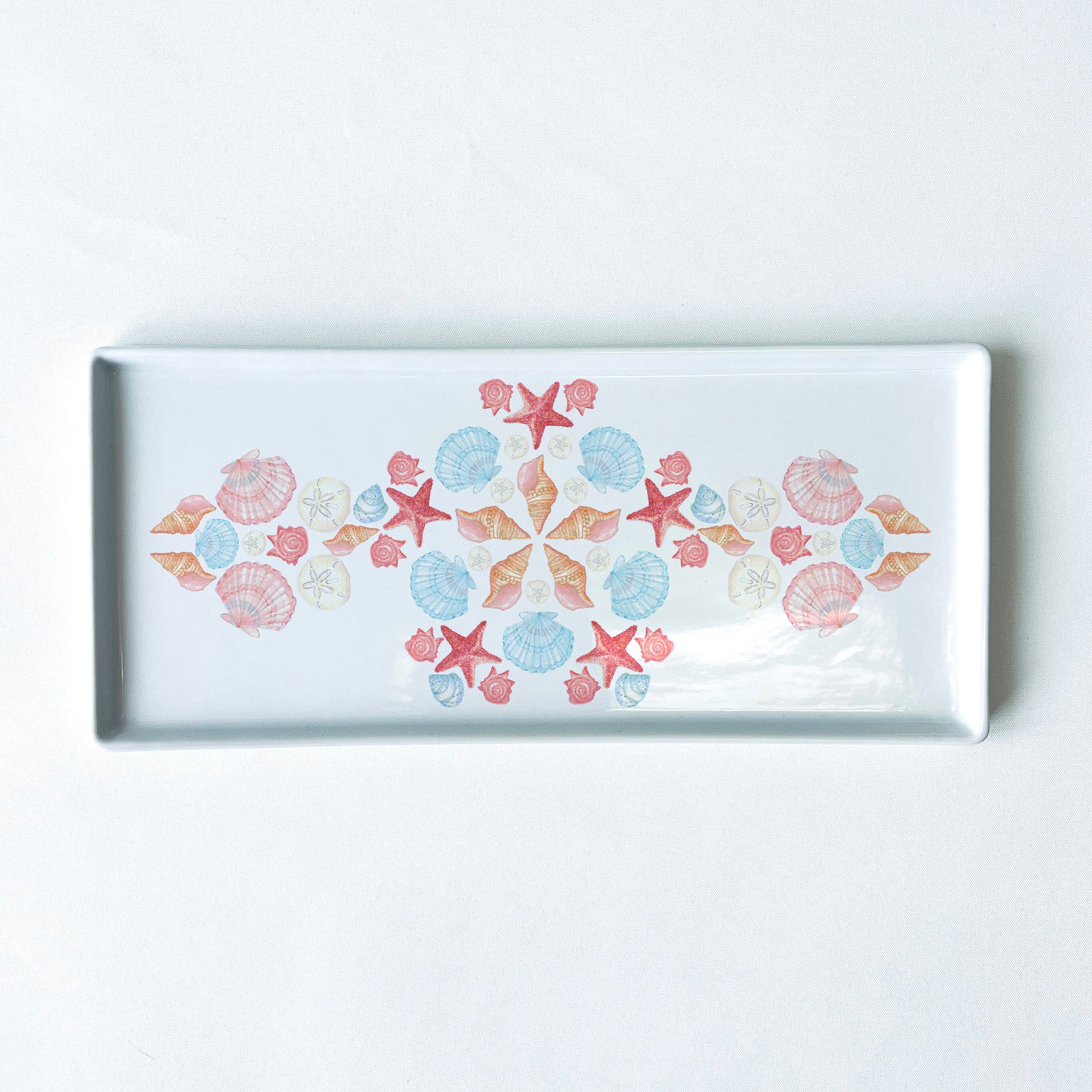 Beach Seashell Mandala Symmetry Tray - 10.5" Porcelain Flat Tray