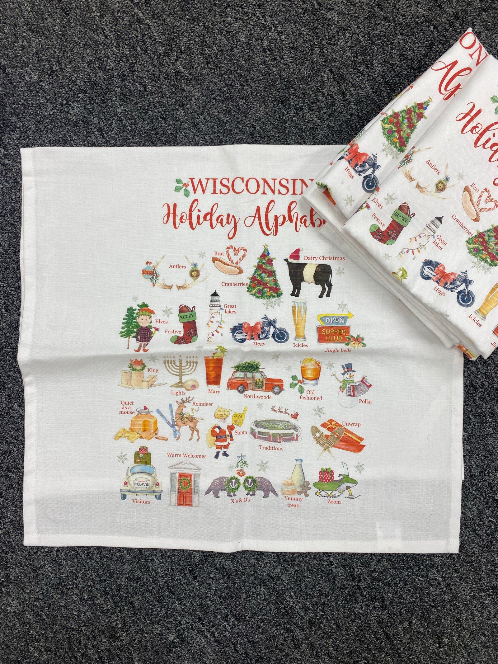 Slightly flawed towel bundle -  Wisconsin Holiday Alphabet, 5 towels
